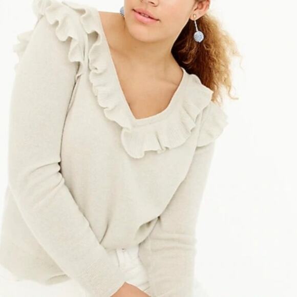 J. Crew Light Grey Ruffle V-Neck Cashmere Sweater - Picture 1 of 7